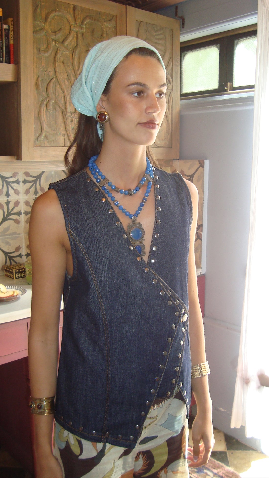 STUDDED ASYMMETRICAL DARK DENIM VEST