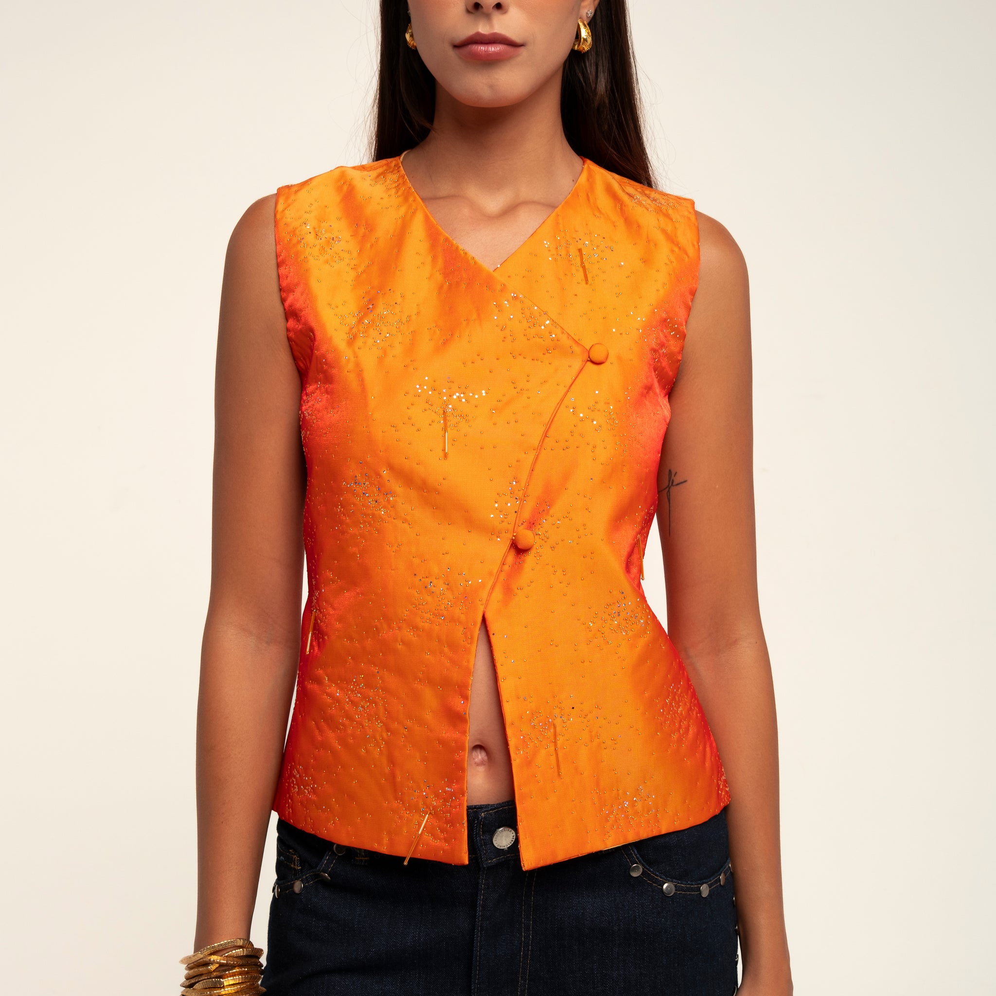 GLEAM SILK TAFFETA VEST TOP IN ORANGE