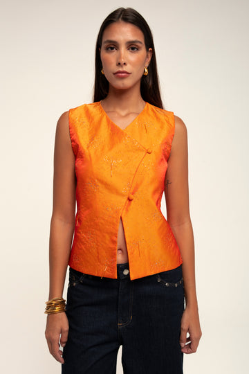 GLEAM SILK TAFFETA VEST TOP IN ORANGE