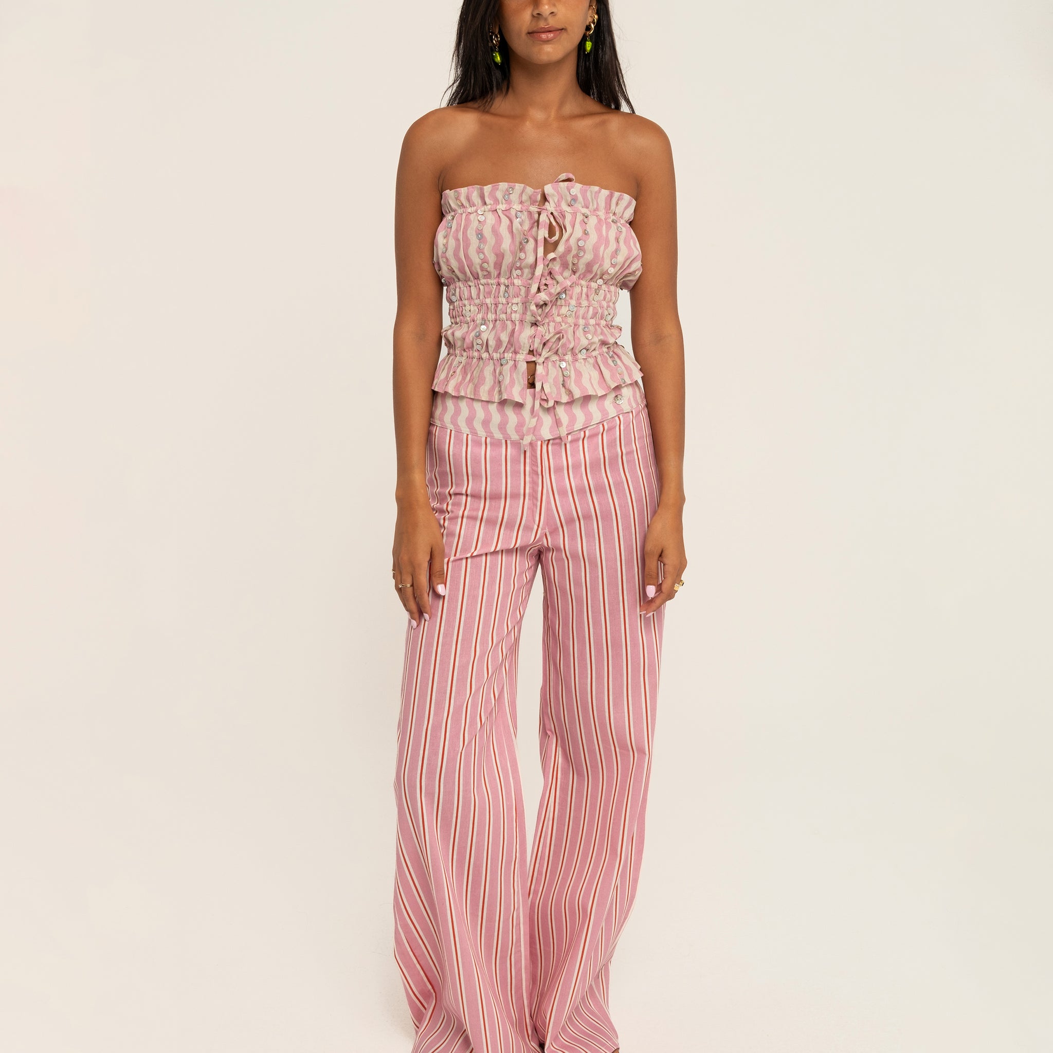 HIBISCUS LINEN PANTS WITH CONTRASTING WAISTBAND