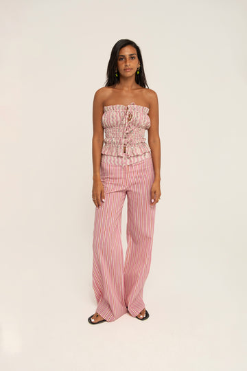 HIBISCUS LINEN PANTS WITH CONTRASTING WAISTBAND