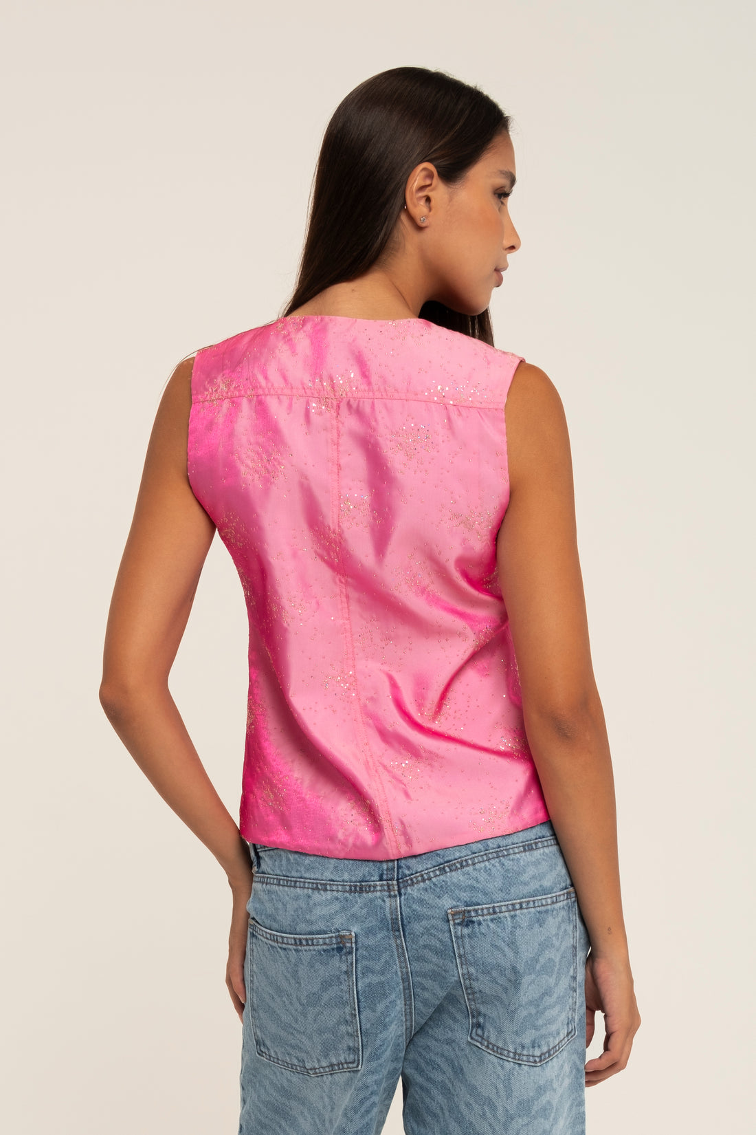 GLEAM SILK TAFFETA VEST TOP IN FUSCHIA