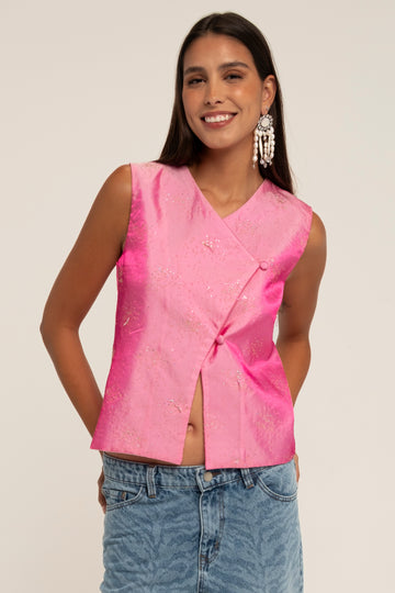 GLEAM SILK TAFFETA VEST TOP IN FUSCHIA