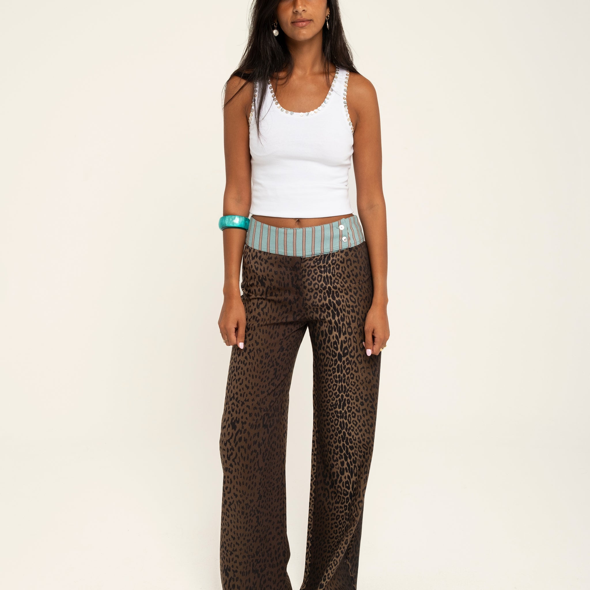 FELINE LINEN PANTS WITH CONTRASTING WAISTBAND