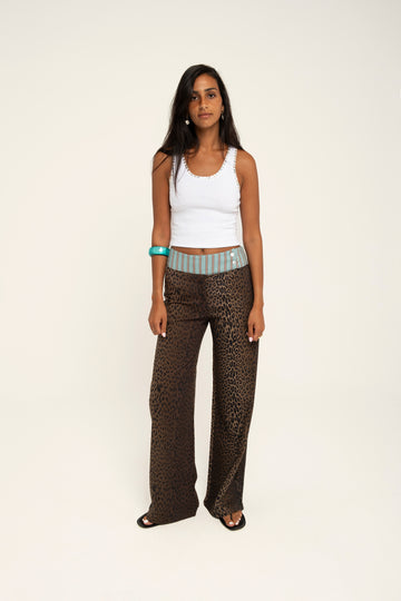 FELINE LINEN PANTS WITH CONTRASTING WAISTBAND