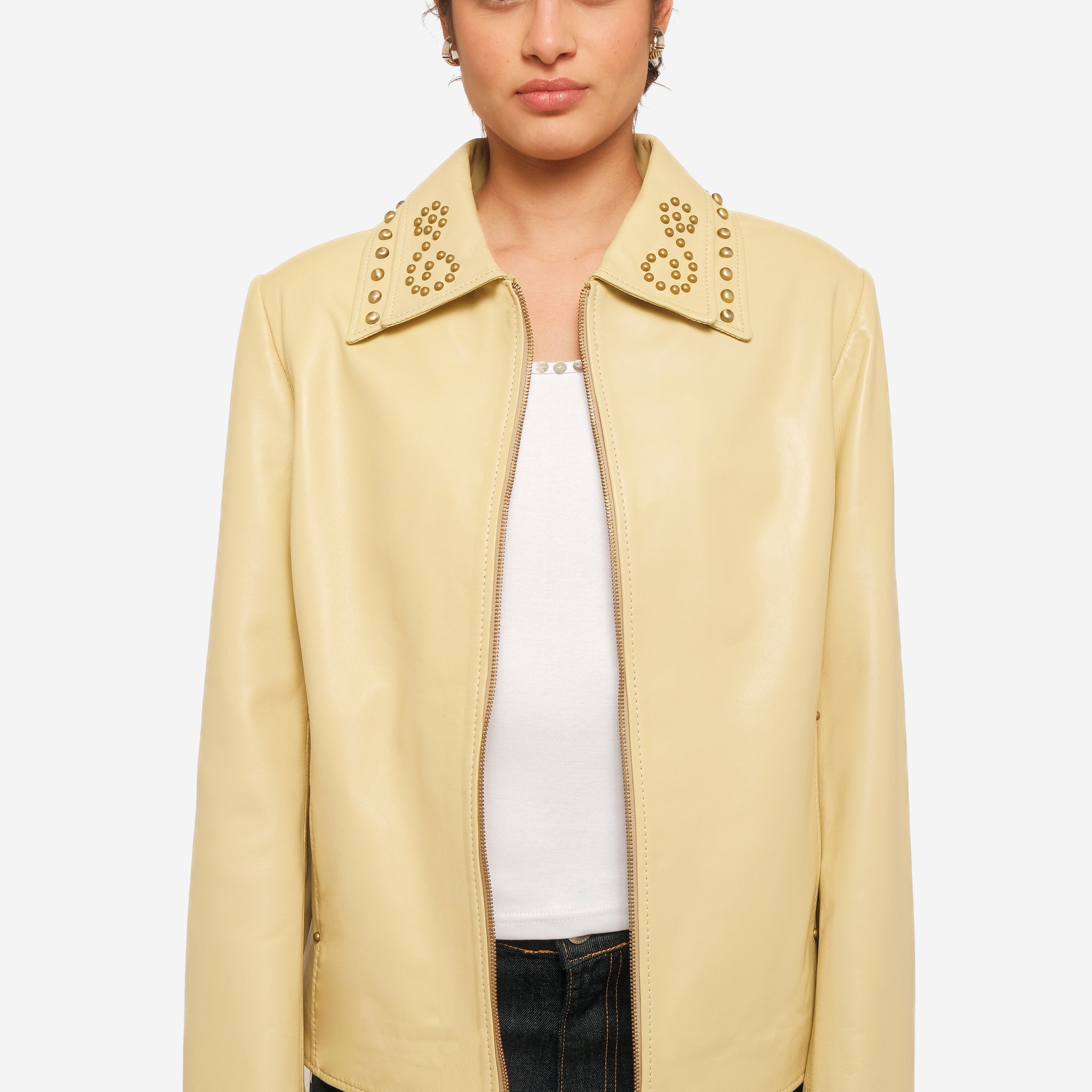 BUTTER YELLOW DOUBLE-LAPEL STUDDED LEATHER JACKET