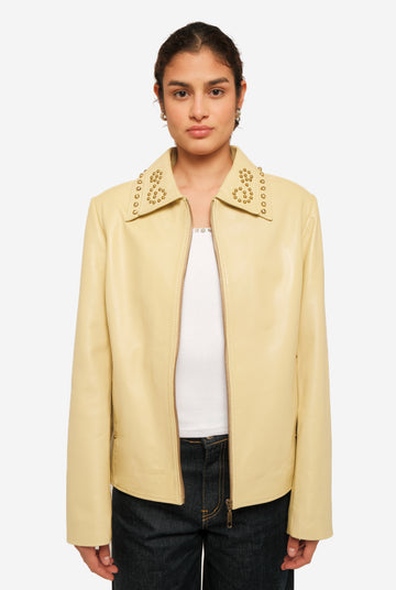 BUTTER YELLOW DOUBLE-LAPEL STUDDED LEATHER JACKET